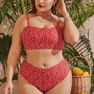 red and white high waisted bikini